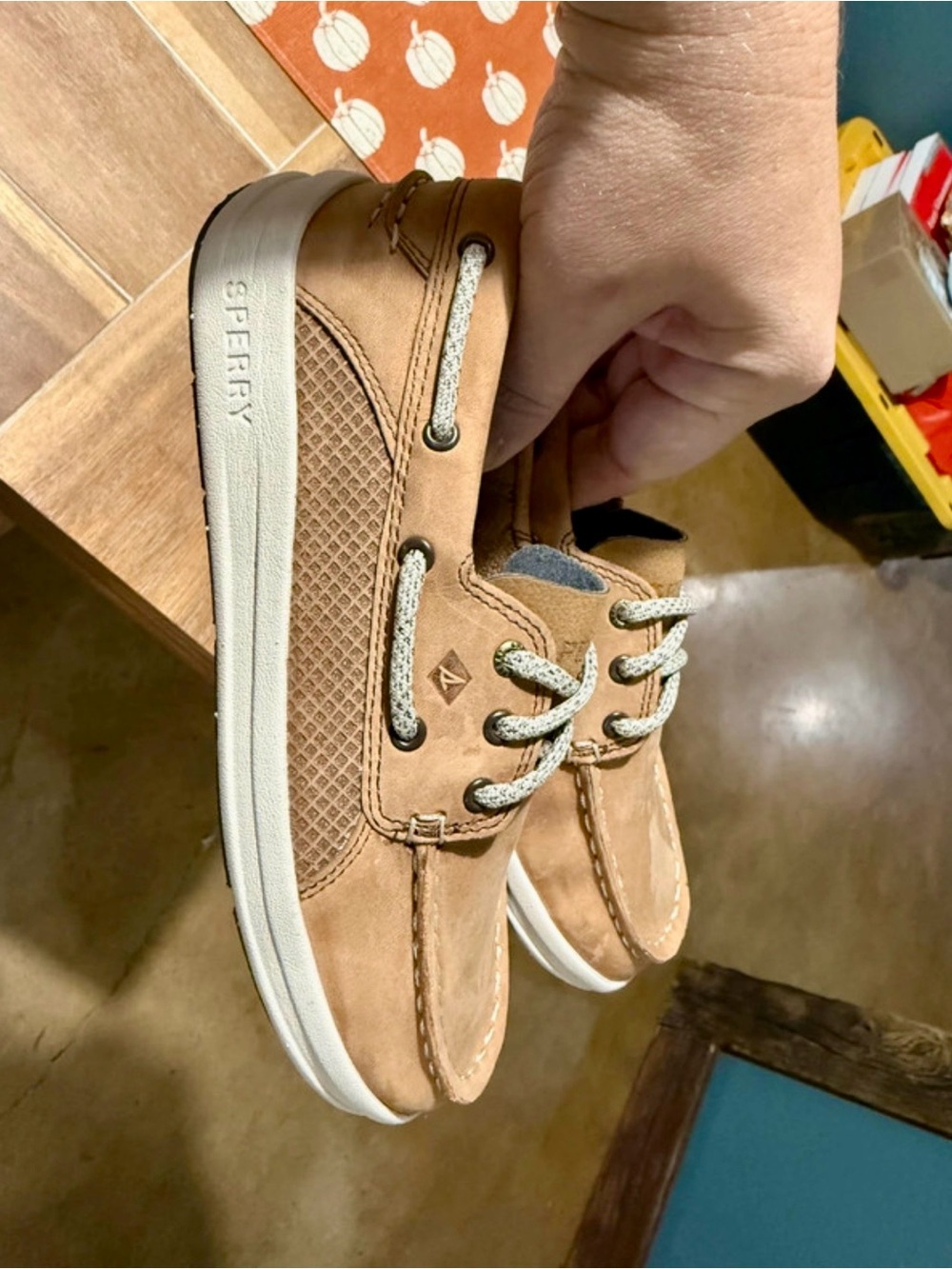 Sperry Boys Tan Leather Boat Shoes with cream Sole